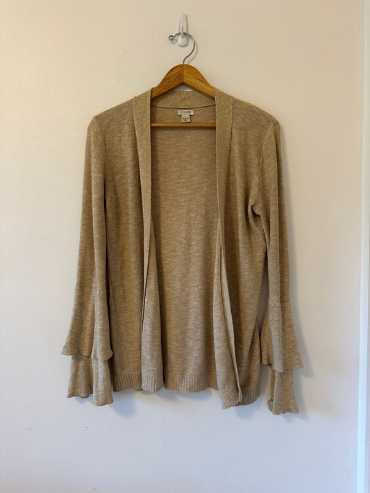 J. Crew Tiered Ruffle Sleeve Tan Open Cardigan Sweater | Size Small