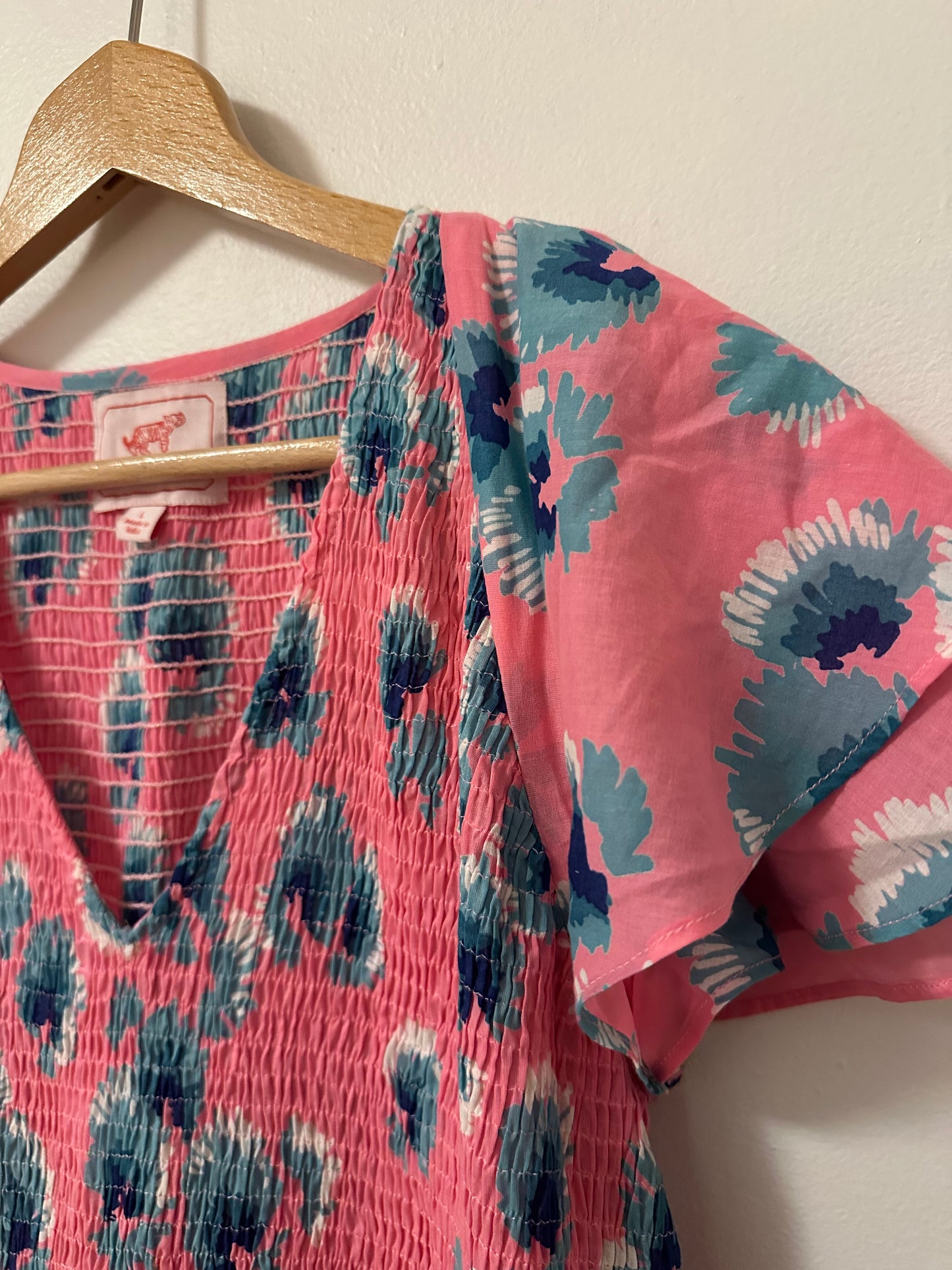 Banjanan Ira Cotton Floral Cap Sleeve Dress in Blue and Pink | Size Large