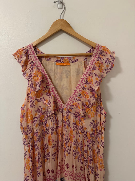 Oliphant Ruffle V-Neck Purple and Orange Floral Maxi Dress | Size 2XL