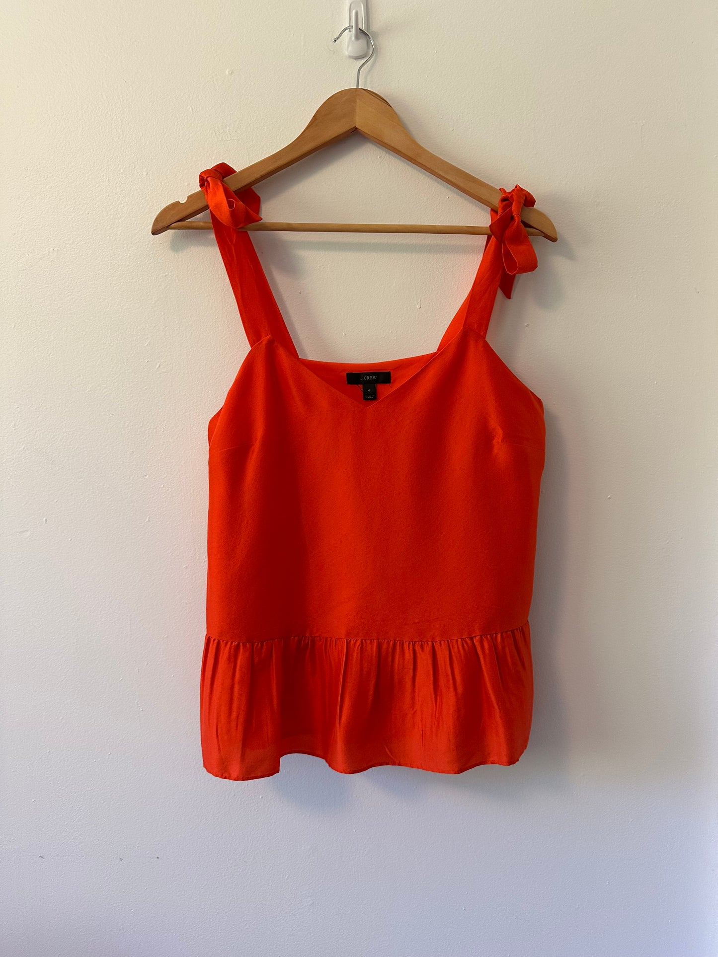J. Crew Silk Tie Shoulder Peplum Tank Top in Orange | Size 4