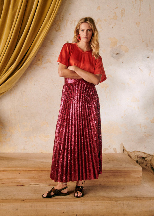 Sezane Dilo Pleated Midi Skirt in Fuschia Sequins - Size 44