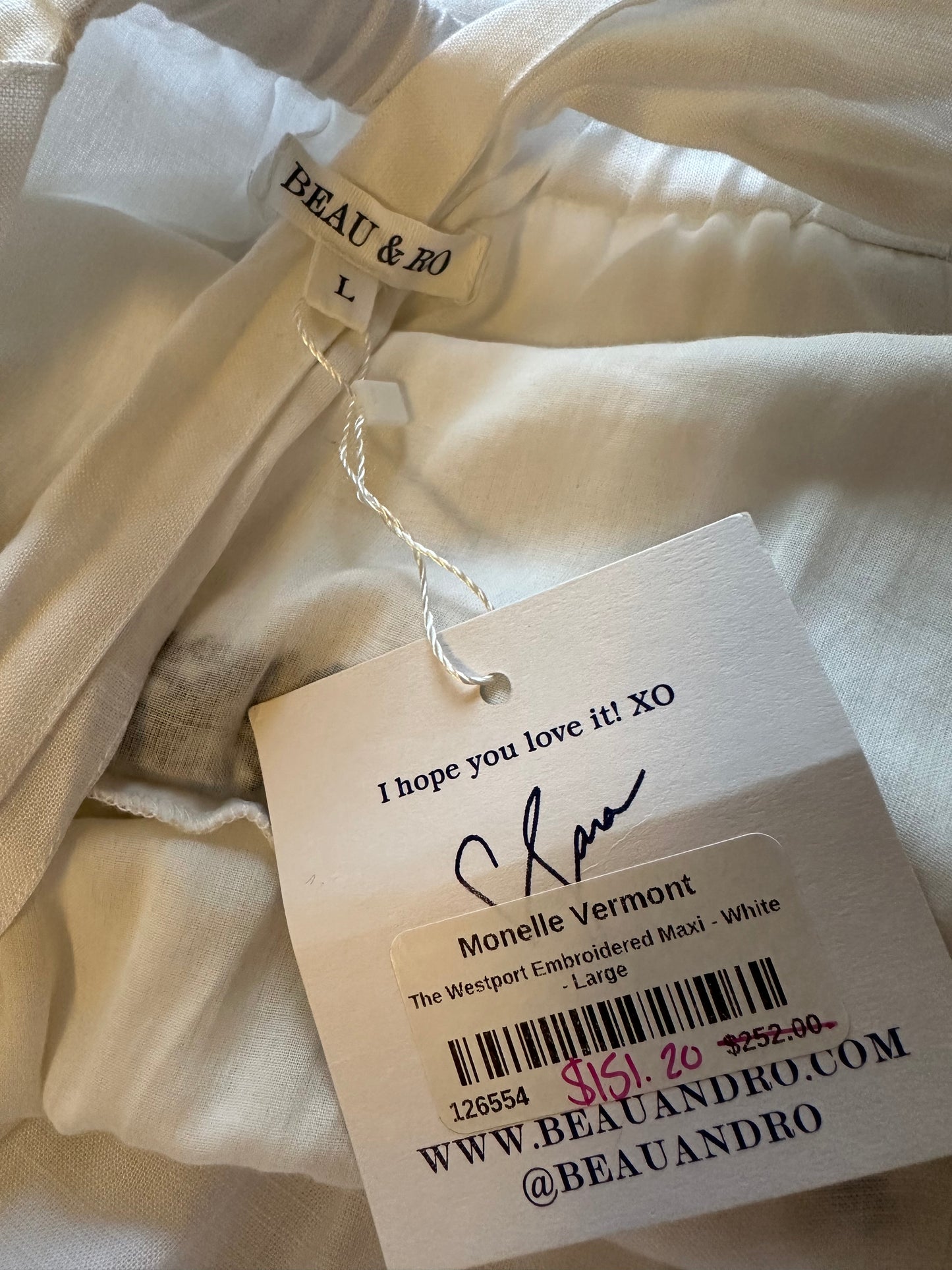 NWT Beau & Ro The Westport Maxi Embroidered Dress in White Cotton | Size Large