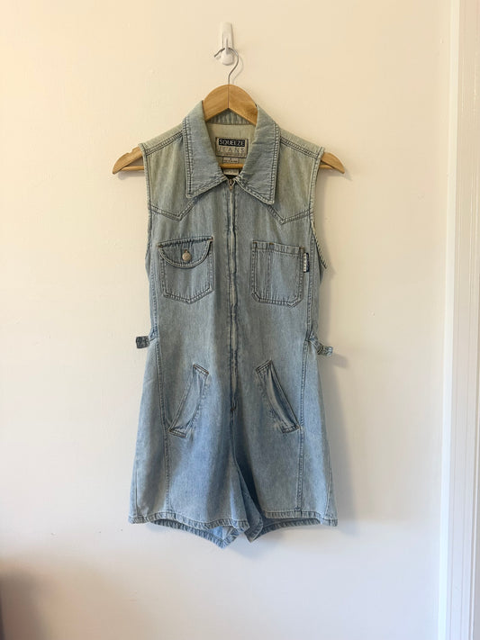 Squeeze Vintage Denim Sleeveless Zip Up Romper | Size Small