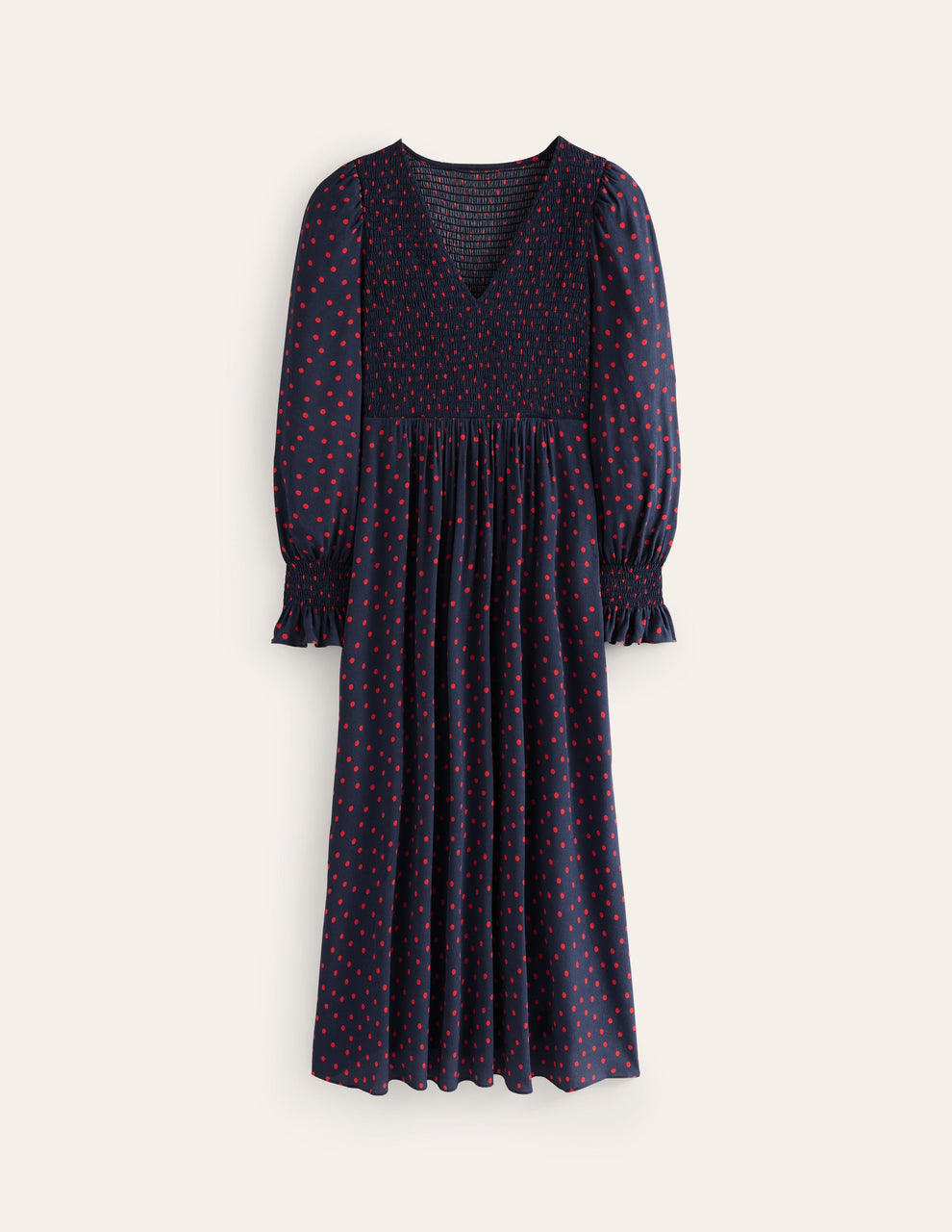 Boden Gemma Smocked Midi Dress in High Risk Red, Abstract Dot - Size 6