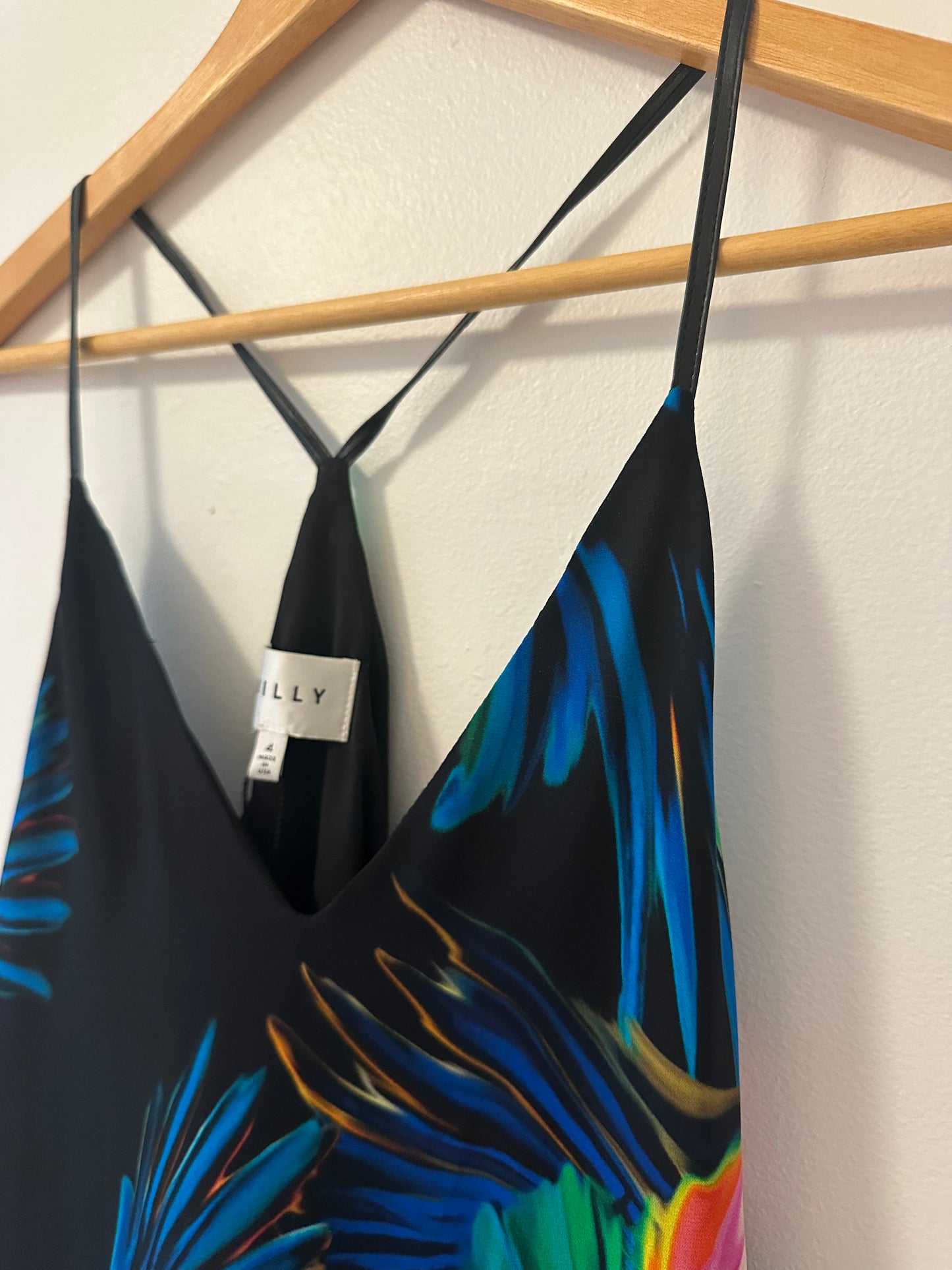 NWT Milly Silk Black Dress with Colorful Parrot Print Size 4