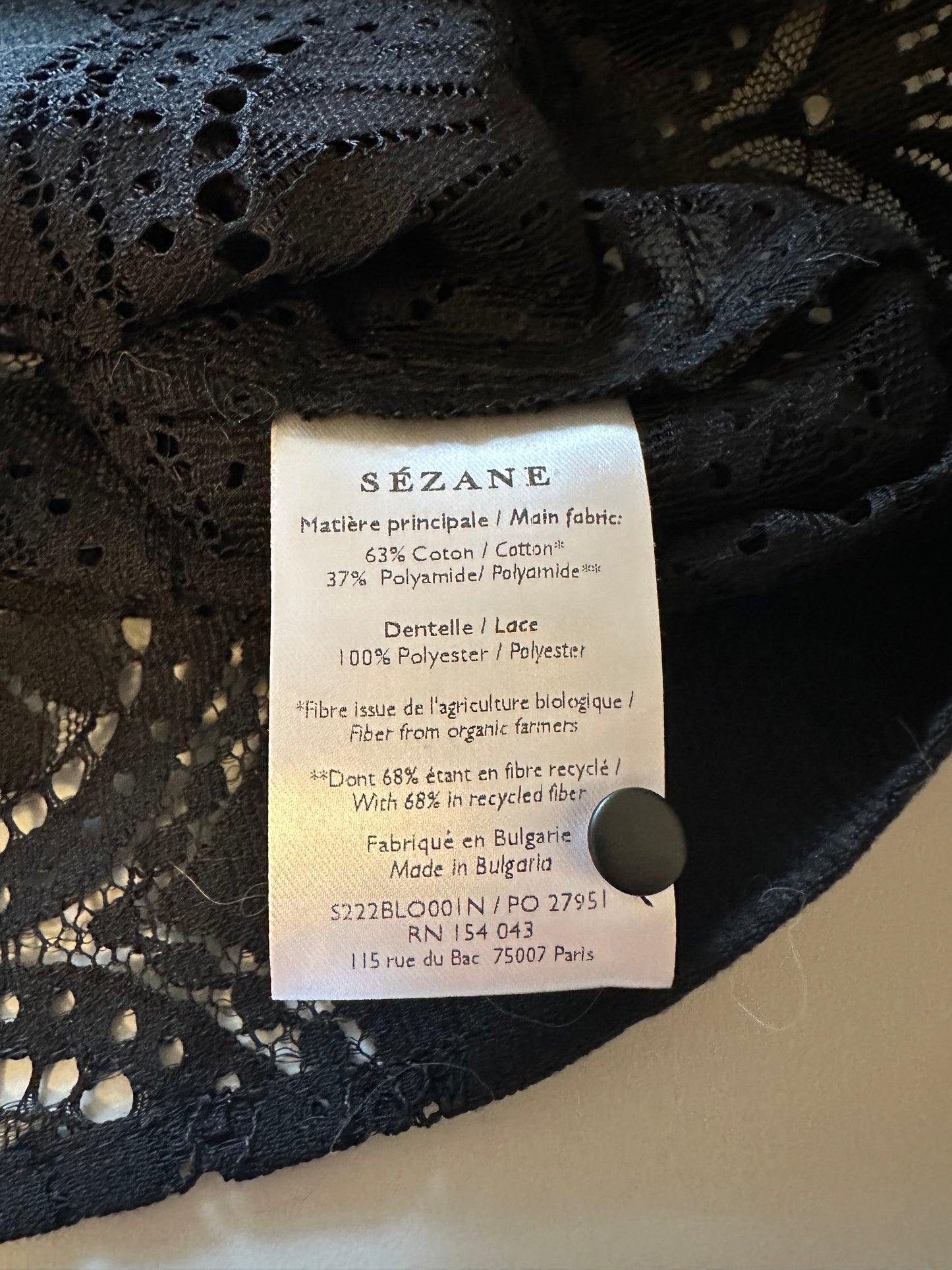NWT Sezane Bianca Black Lace Organic Cotton Blouse | Size EU 42