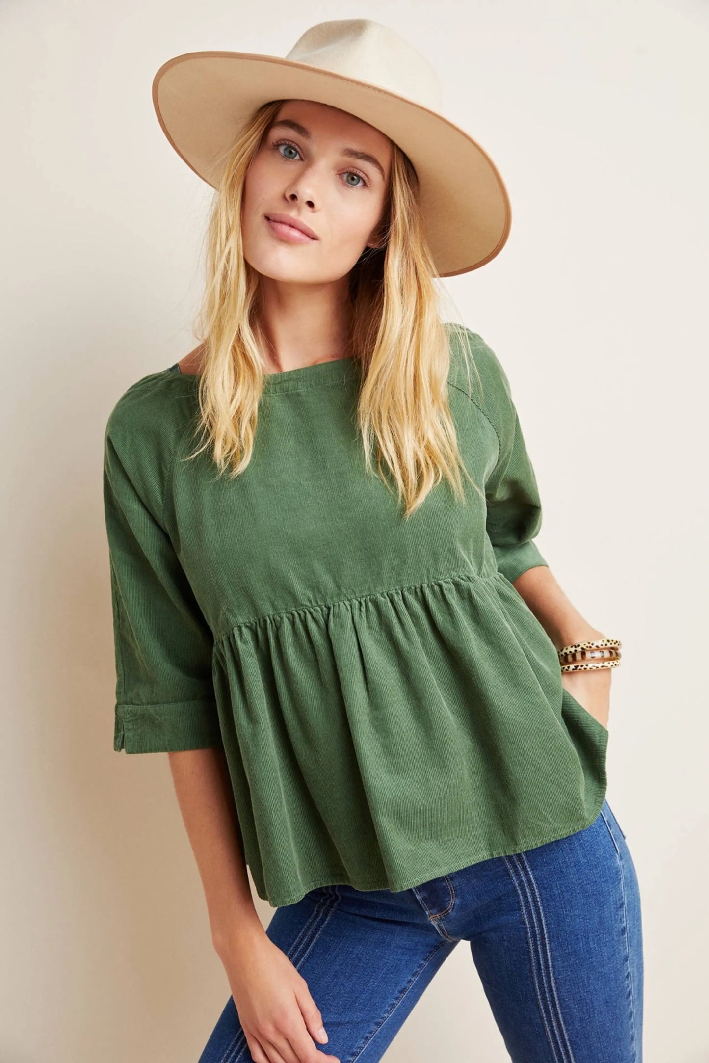 Maeve Anthropologie Maria Corduroy Olive Green Babydoll Blouse | Size XSP