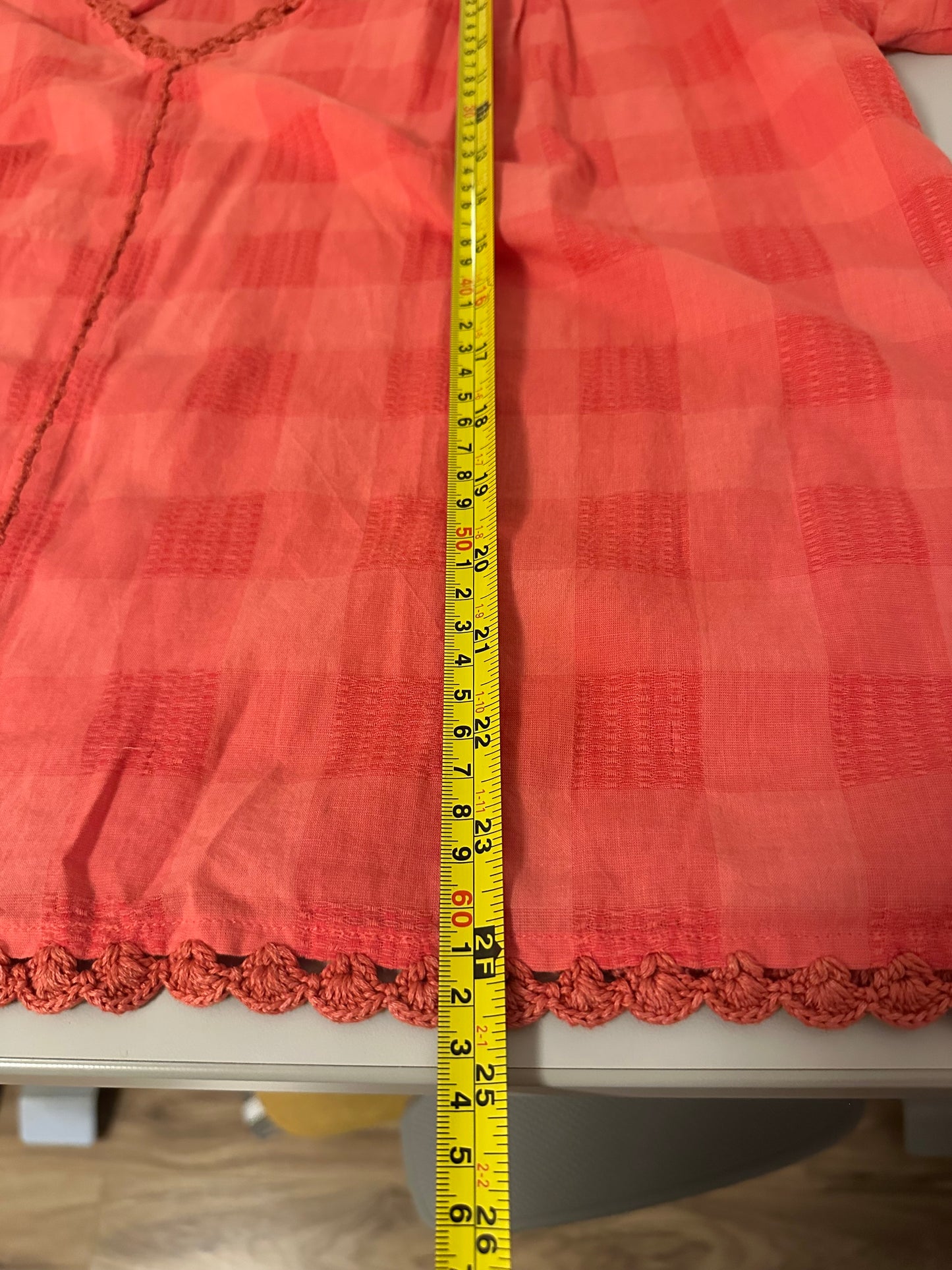 Faherty Coral Checkered Cotton Blouse with Crochet Trim | Size Large