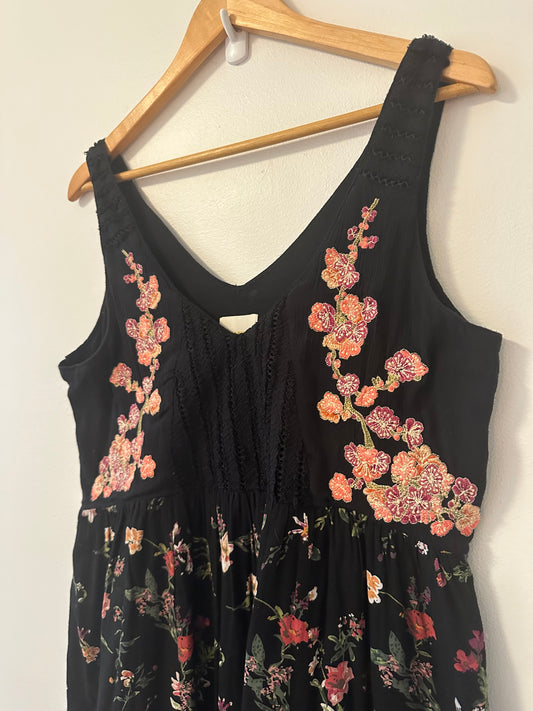Maeve - Black V-Neck Dress with Pink Floral Embroidery | Size XS