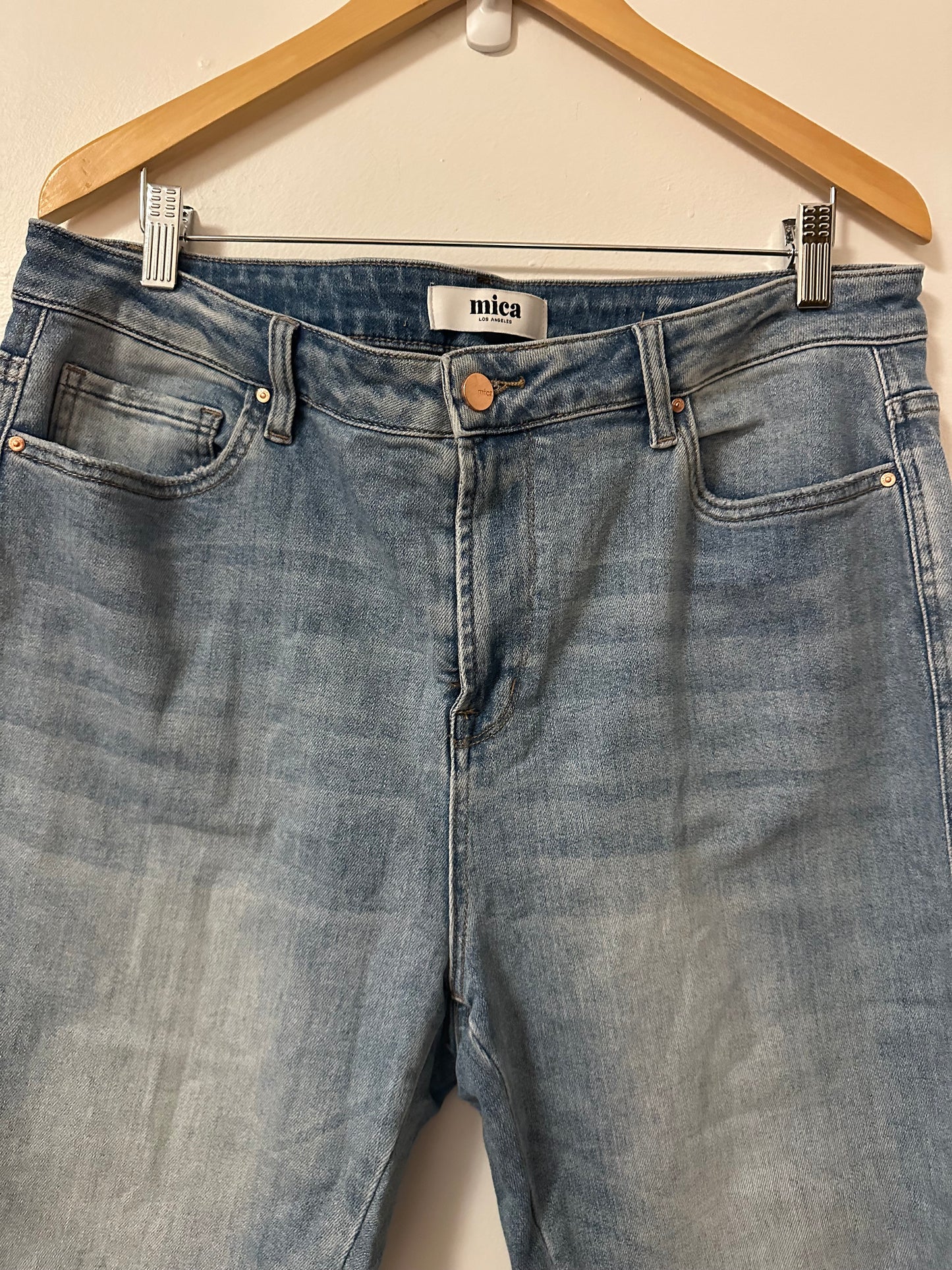 Mica High Rise Light Wash Uneven Hem Cropped Flare Jeans | Size 14