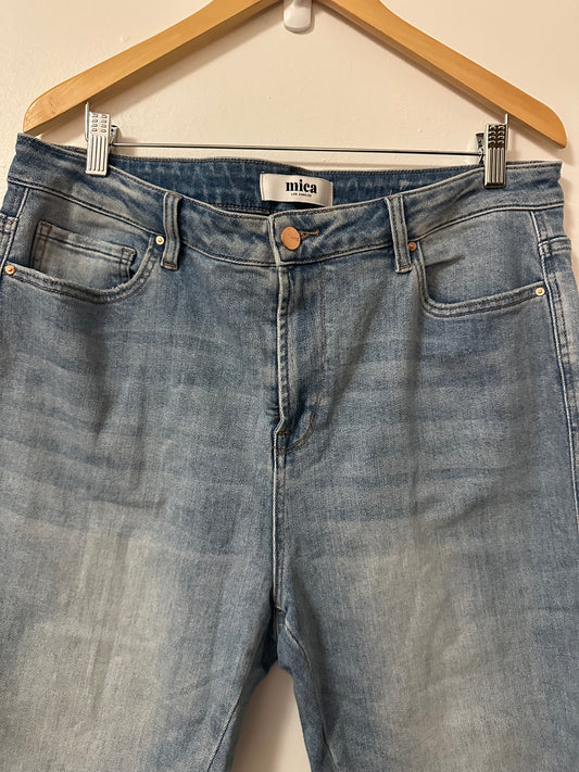 Mica High Rise Light Wash Uneven Hem Cropped Flare Jeans | Size 14