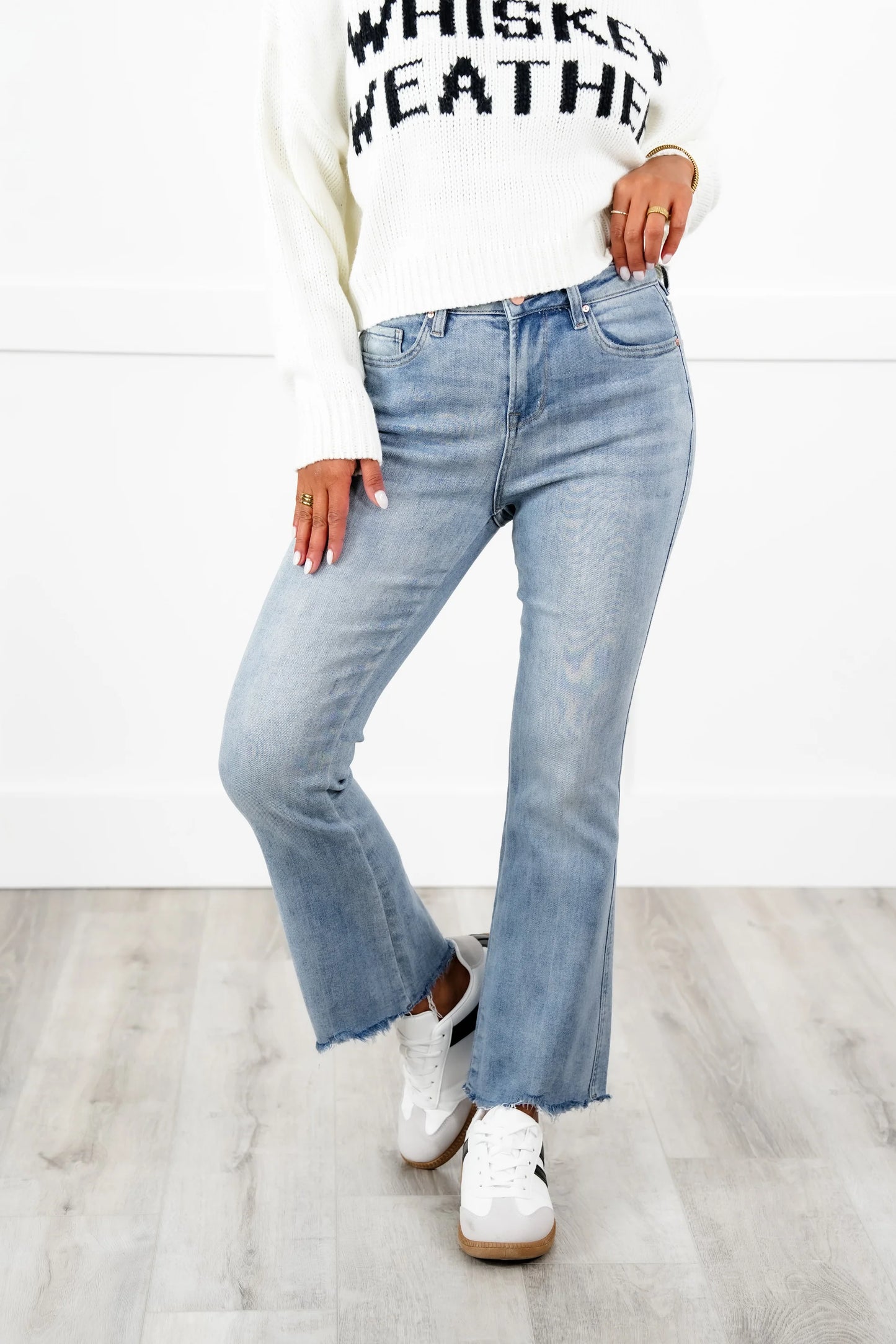 Mica High Rise Light Wash Uneven Hem Cropped Flare Jeans | Size 14