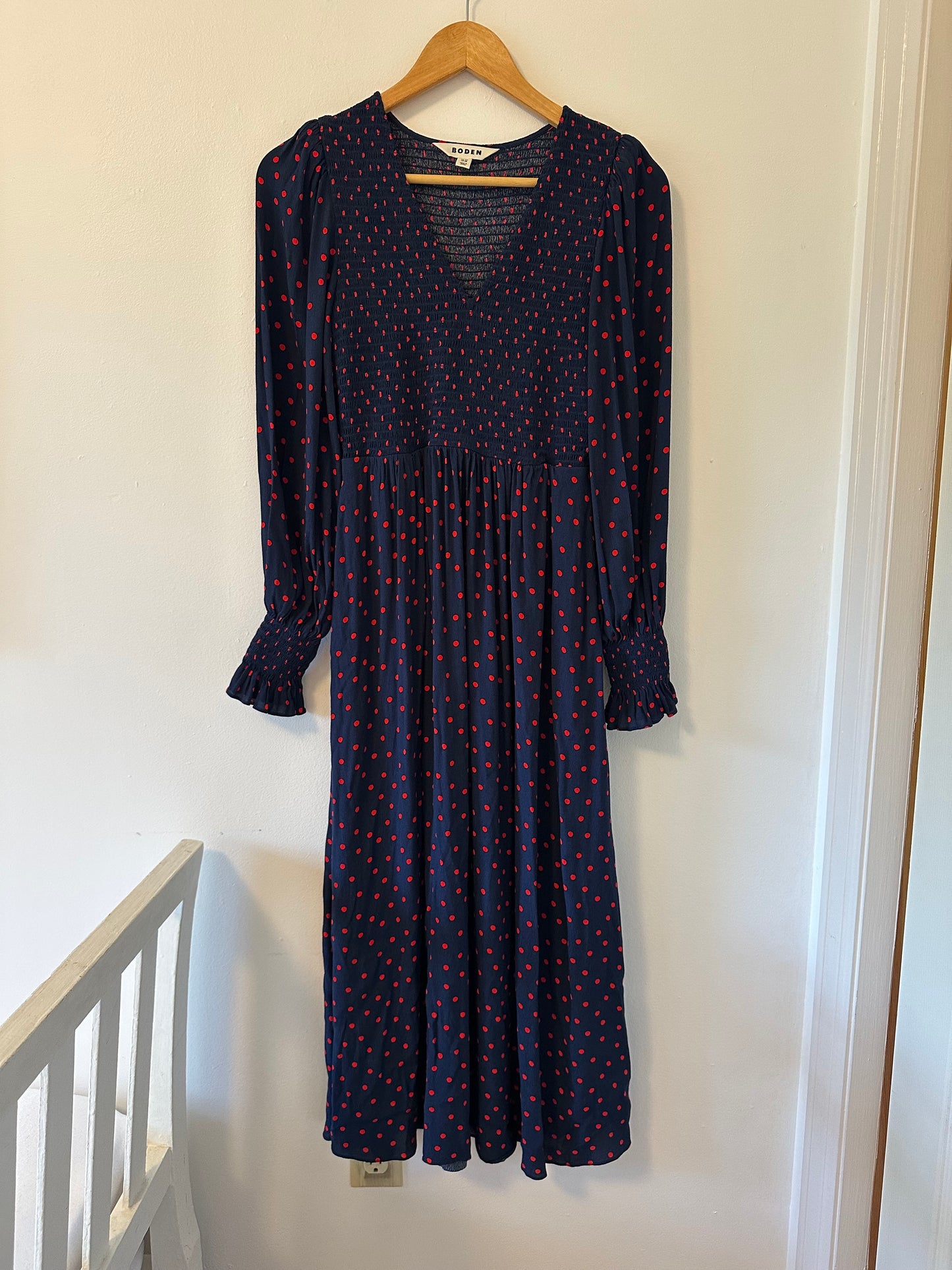 Boden Gemma Smocked Midi Dress in High Risk Red, Abstract Dot - Size 6