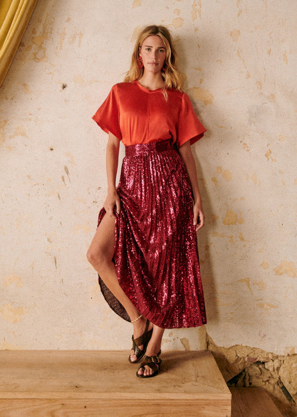 Sezane Dilo Pleated Midi Skirt in Fuschia Sequins - Size 44