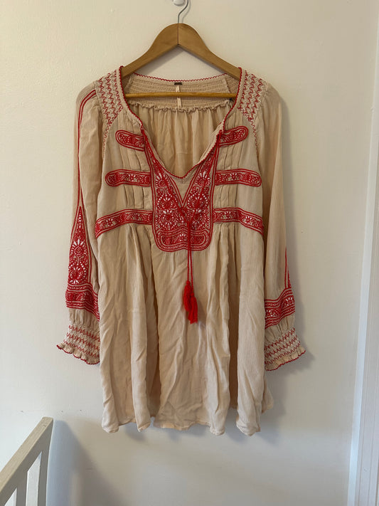 Free People Embroidered Red and Cream Women's Top Size Medium