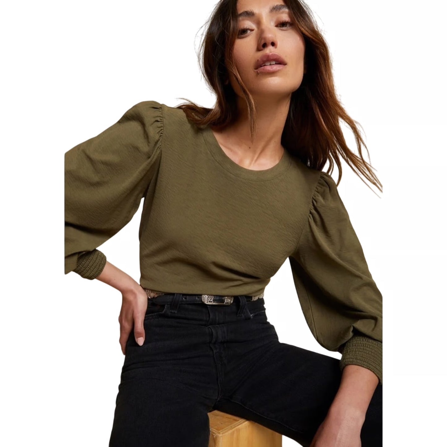 Nation LTD Olive Green Puff Sleeve Loren Pima Cotton Long Sleeve T-Shirt | Size Medium