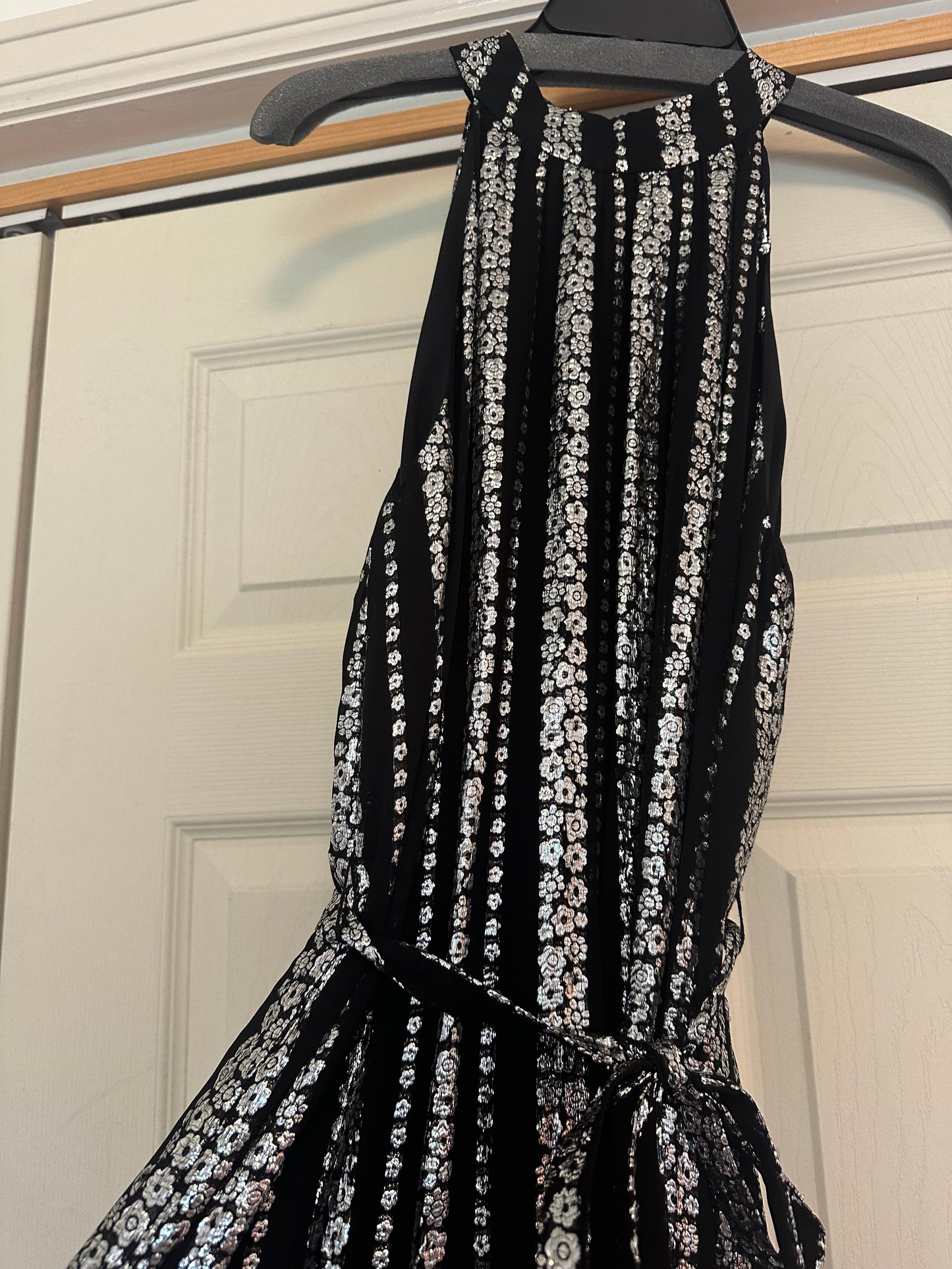 Emerson Fry New Black and Silver Floral Metallic Maxi Dress - Size Medium