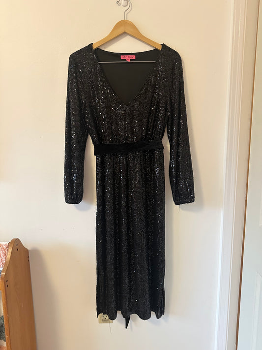 Betsey Johnson Black Sequin Long Sleeve Midi Dress | Size Large