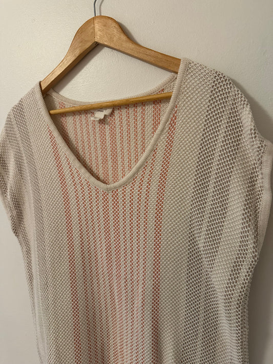 LOFT Lounge Cream and Pink Textured Knit Cotton Top With Tassels | Size Medium