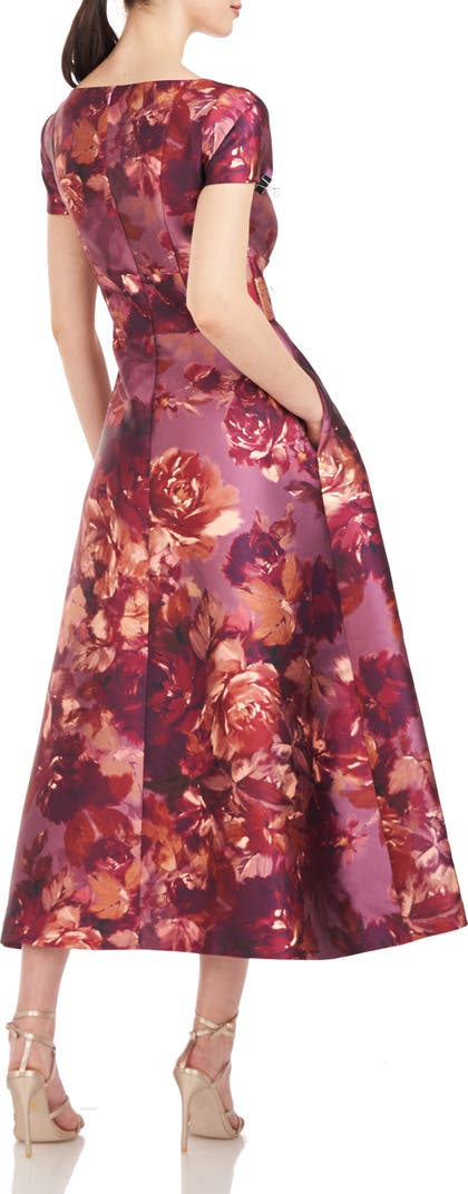 NWT Kay Unger Tierney Floral Midi Dress in Garnet Multi - Size 10