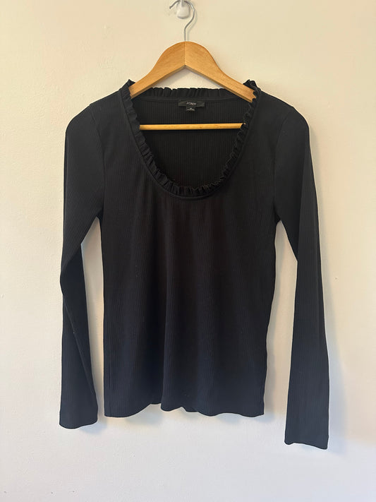 J. Crew - Vintage Ribbed Black Ruffled Long Sleeve Scoop Neck T-Shirt | Size Medium