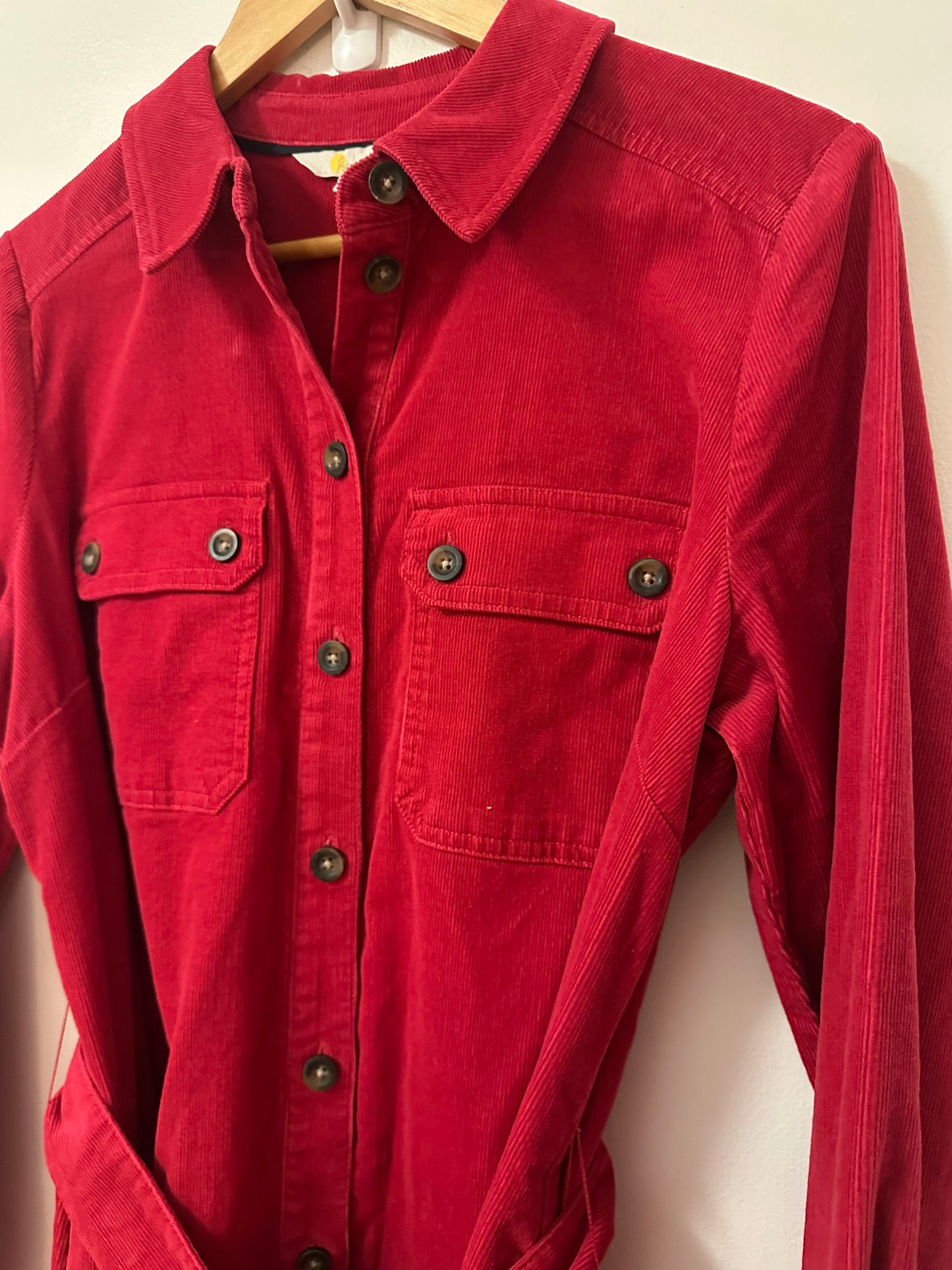 Boden Clara Corduroy Red Long Sleeve Belted Midi Dress | Size 10