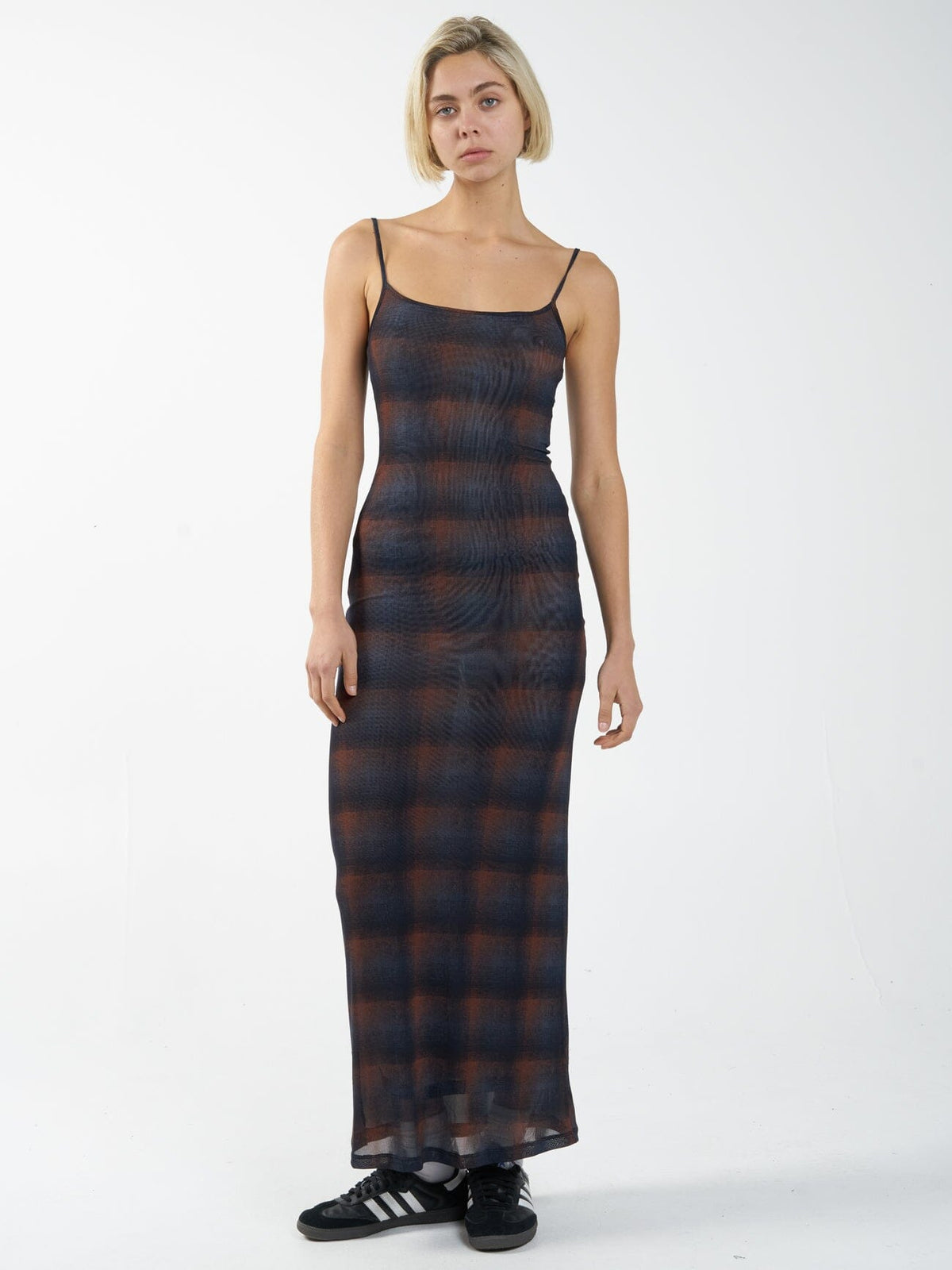 Thrills Enmesh Plaid Bodycon Mesh Spaghetti Strap Dress in Navy and Brown | Size Large