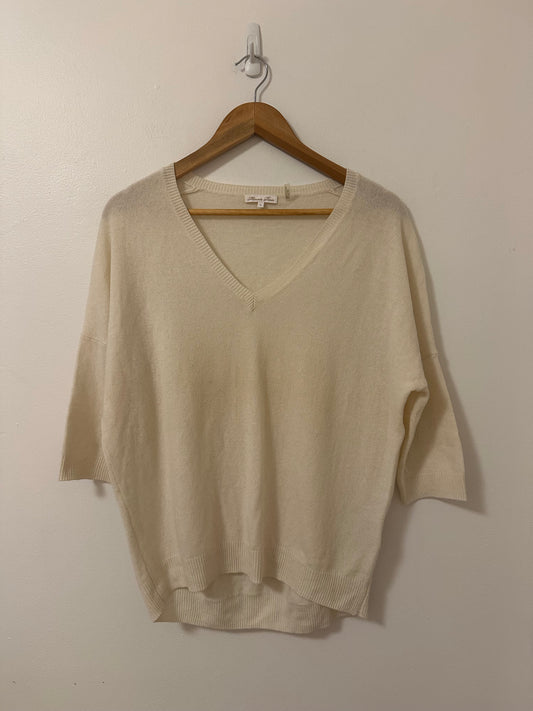 Minnie Rose Cashmere Pow Wow V-Neck Sweater in Cream | Size Small