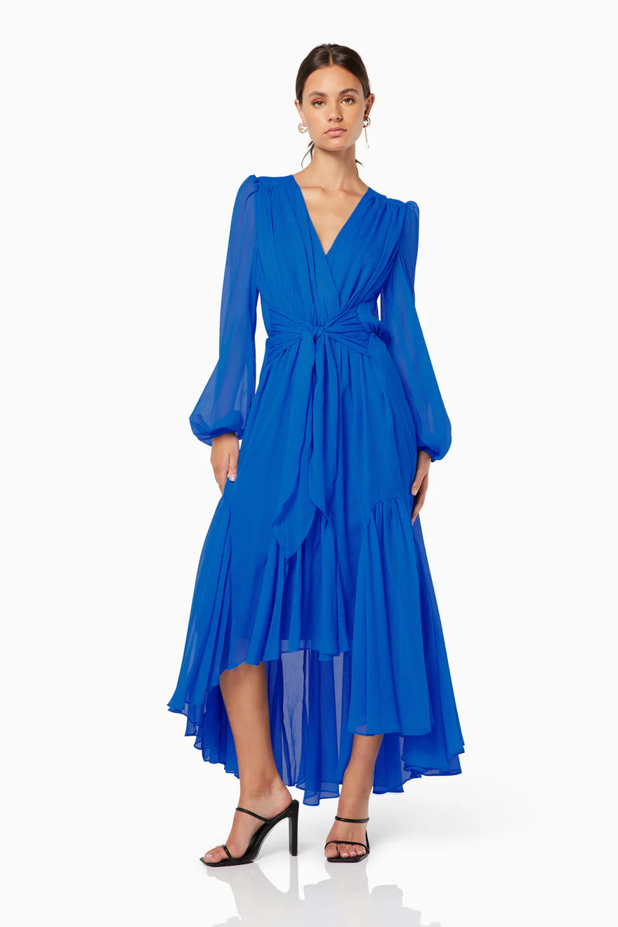 Elliatt Sylliott High Low Ruffle Chiffon Dress in Blue | Size Medium