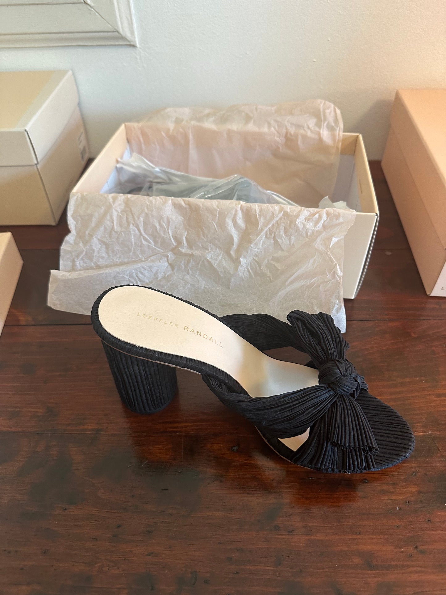 Loeffler Randall New Black Penny Mule Heels with Pleated Bow - Size 9