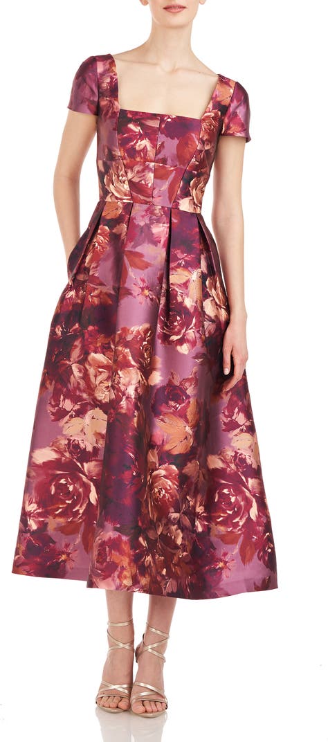 NWT Kay Unger Tierney Floral Midi Dress in Garnet Multi - Size 10