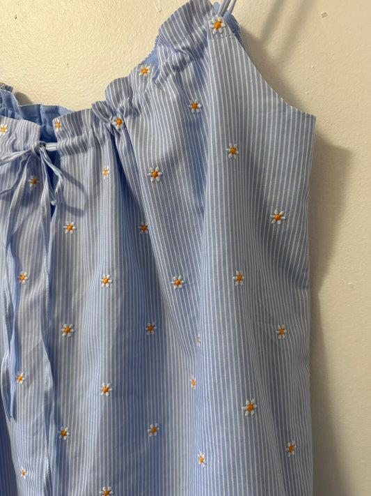 NWT Sezane Sido Cotton Blue Striped Dress with Daisies and Ruffle Hem | Size 36