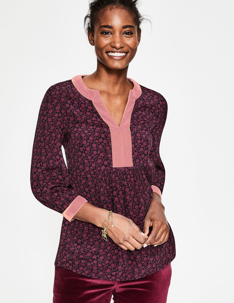 Boden Velvet Trimmed Annabel Top in Pink and Black - Size 8