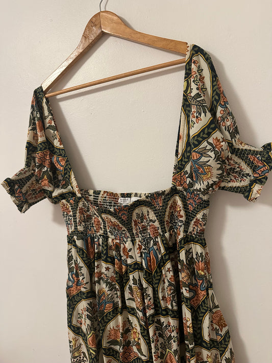 RHODE Resort Smocked Maxi Dress With Puff Sleeves in Mushroom Print | Size Small