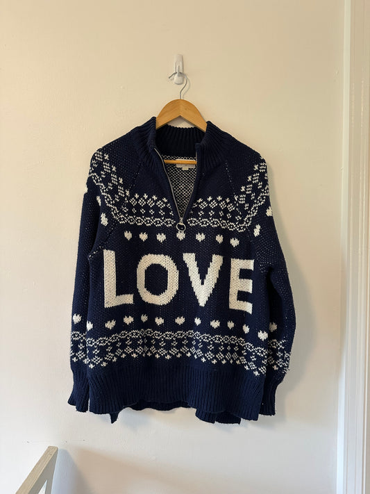 Aerie Navy and White LOVE Turtleneck Quarter Zip Sweater - Size Small