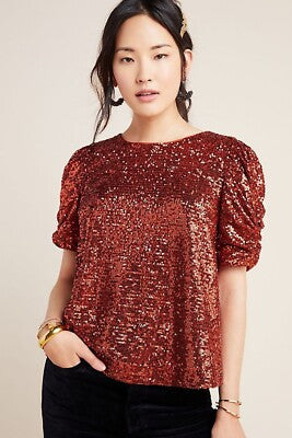 Anthropologie Marie Sequin Puff Sleeve Blouse in Copper | Size 6