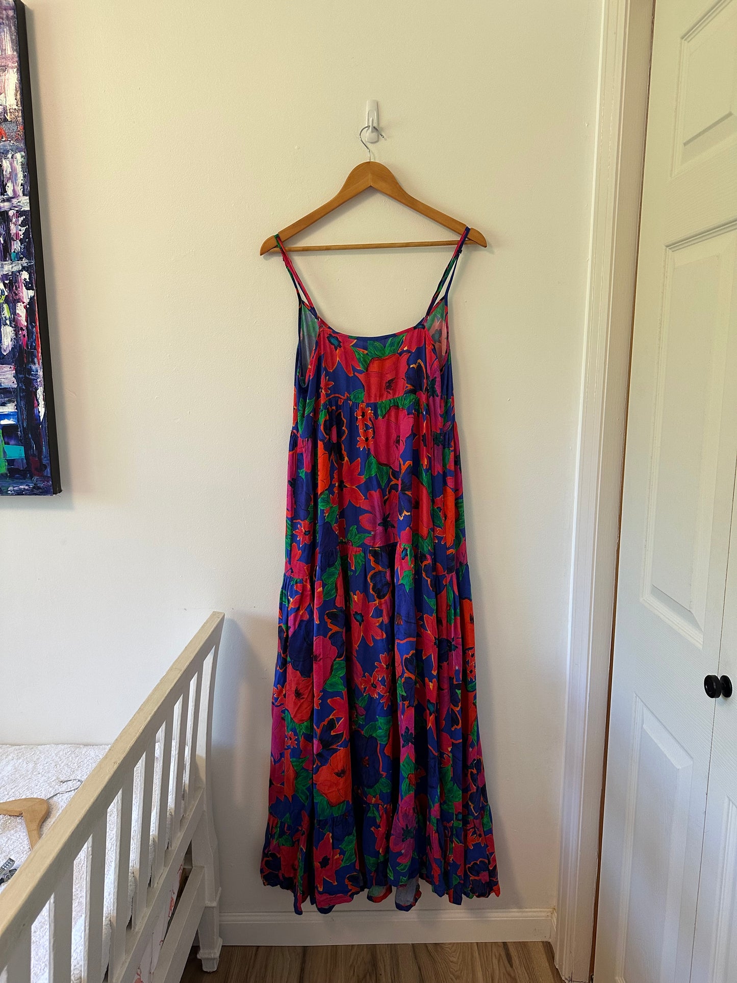 Stieglitz Mayte Floral Tiered Maxi Dress in Blue and Red - Size Medium
