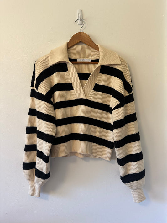 Costes Striped Black and Cream Collared Polo Sweater | Size Small