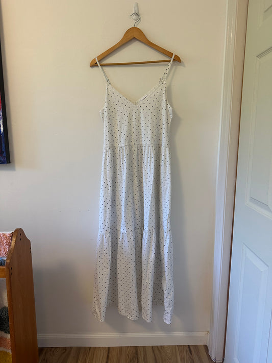 LACAUSA - Crosby Tiered Maxi Dress in White With Black Polka Dots | Size Small