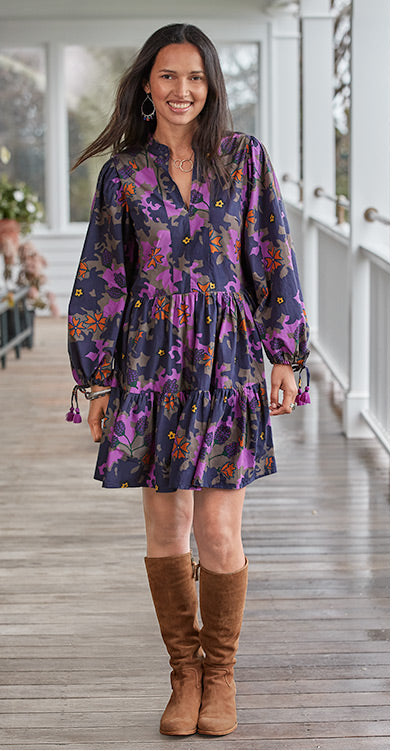 Oliphant Suzani Long Sleeve Purple Floral Yoke Mini Dress | Size Small