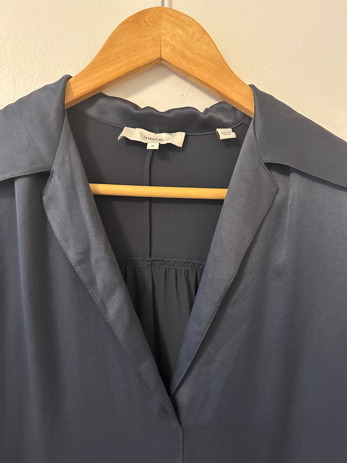 Vince Long Sleeve Shaped Collar Silk Pullover Blouse in Dark Water - Size Medium