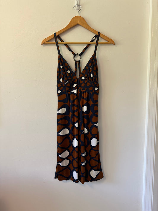 Trina Turk Spaghetti Strap Silk Patterned Dress in Brown and White | Size 0