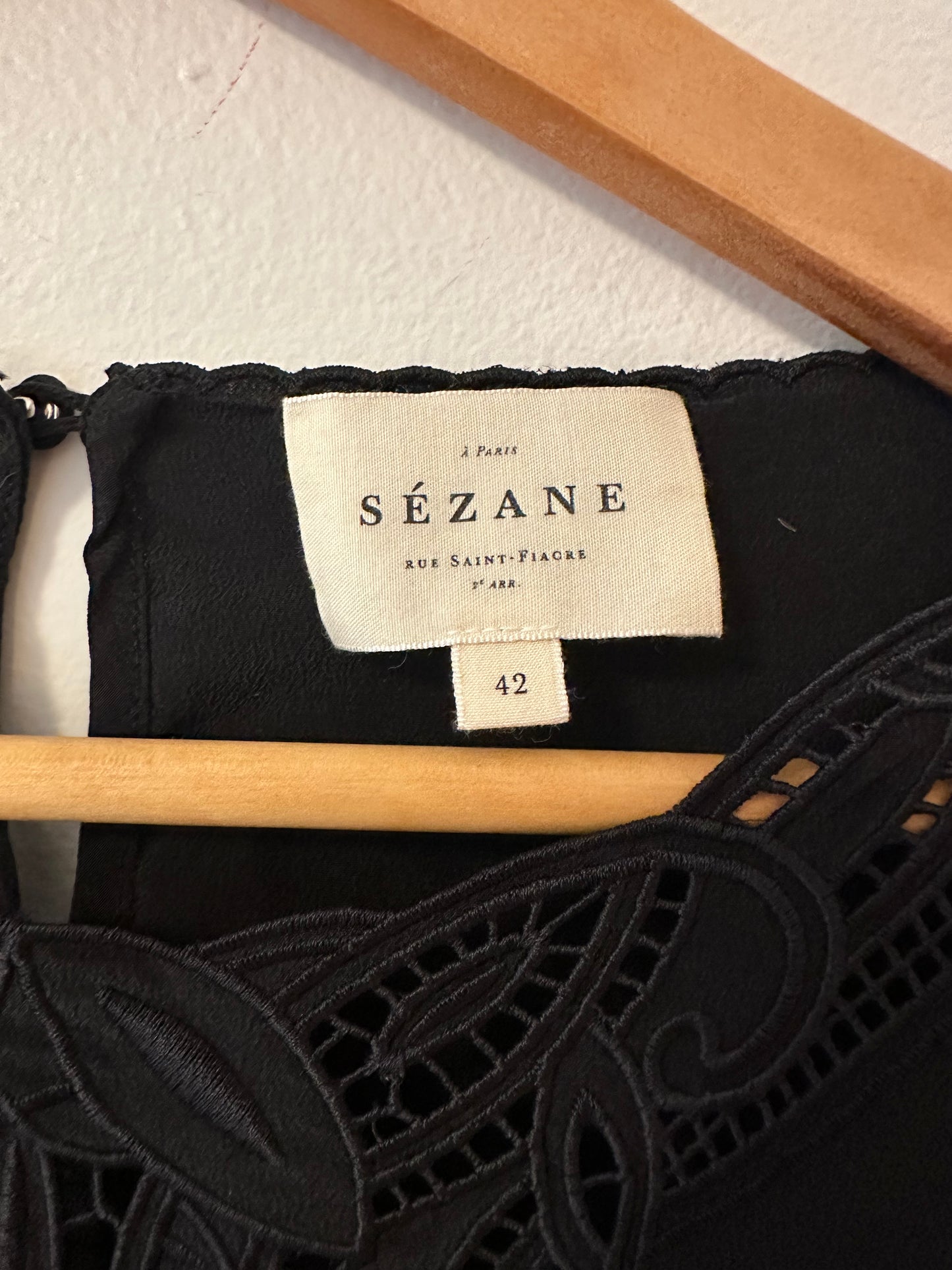 Sezane Carlotta Black Silk Blouse with Lace Neckline Accent | Size US 10 / EU 42