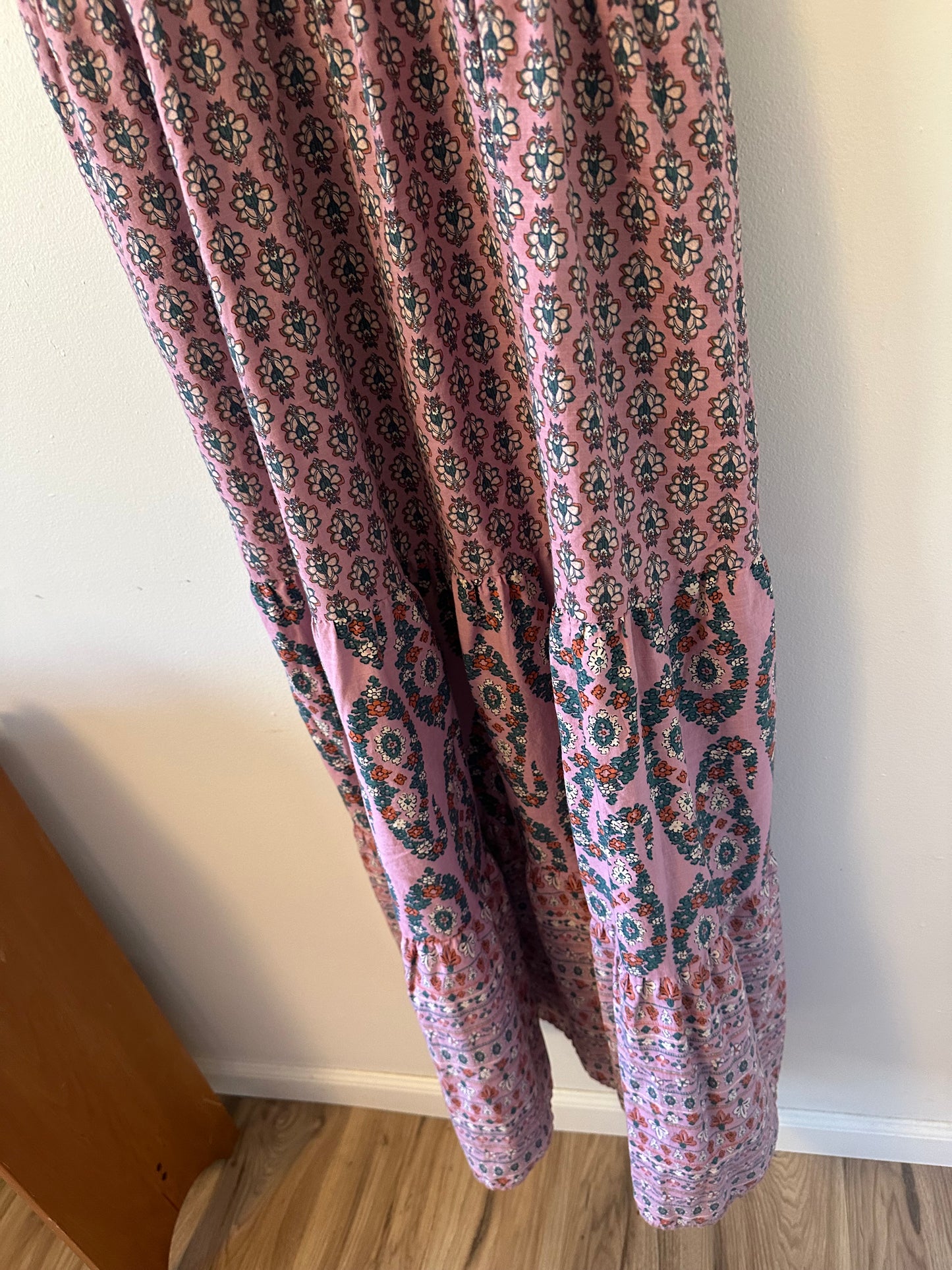 Knox Rose Boho Smocked Maxi Dress in Pink Print | Size Medium