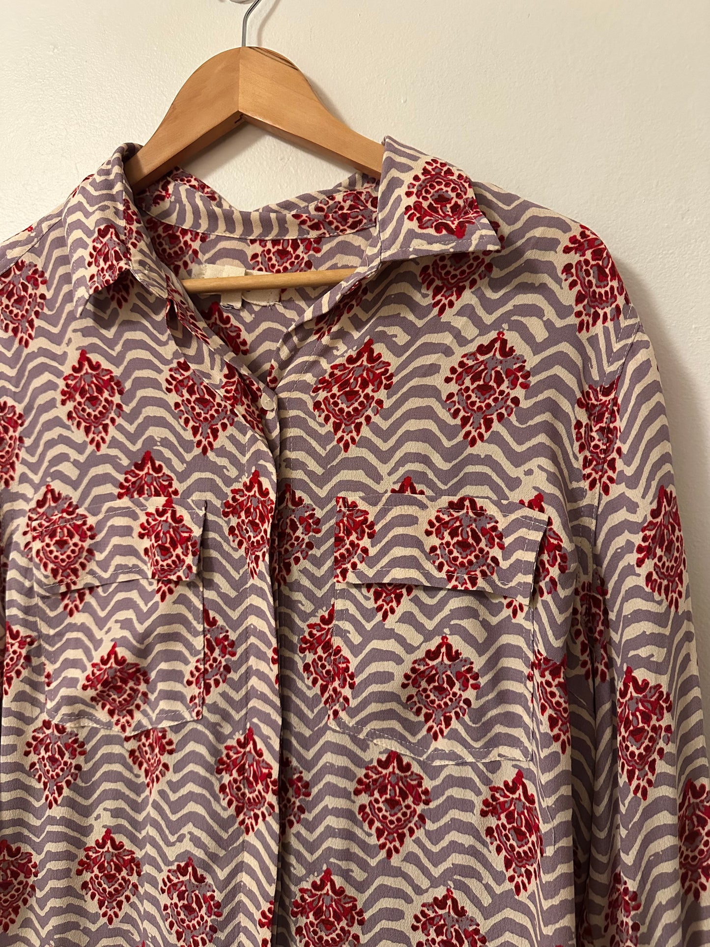 Porridge Anthropologie Patterned Mixed Media Button Down Shirt | Size Large