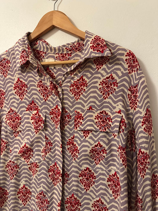 Porridge Anthropologie Patterned Mixed Media Button Down Shirt | Size Large
