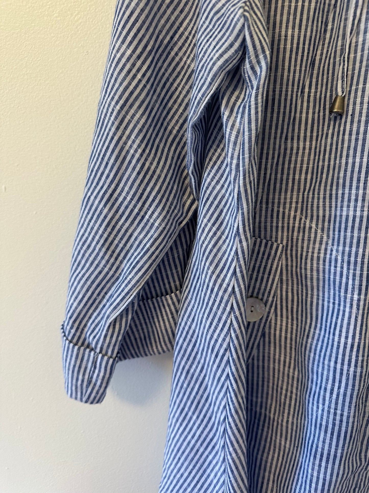 Sigrid Olsen Blue and White Striped Hooded Lightweight Tunic - Size Large