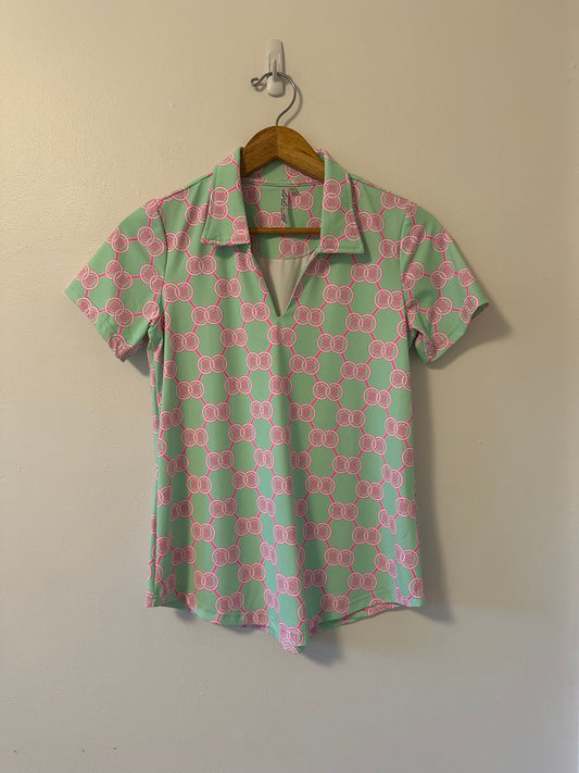 Lulu-B - Green and Pink Geometric Stretchy Polo Shirt | Size XS