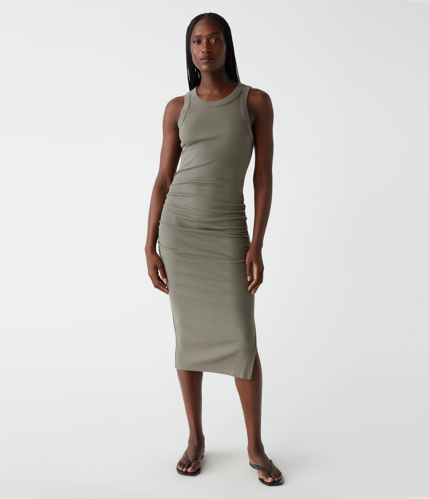 Michael Stars Wren Ribbed Midi Dress in Olive | Size Medium