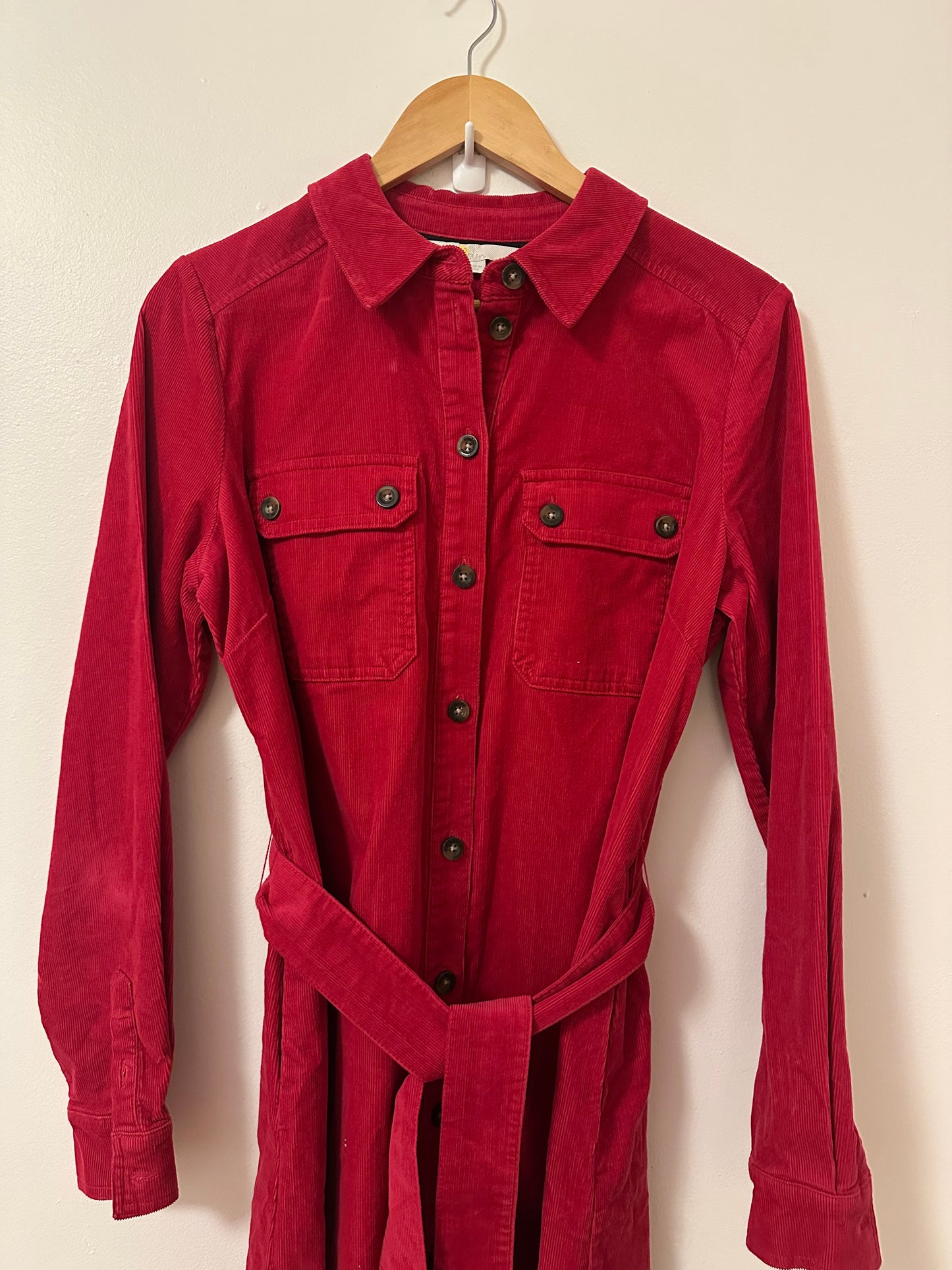 Boden Clara Corduroy Red Long Sleeve Belted Midi Dress | Size 10